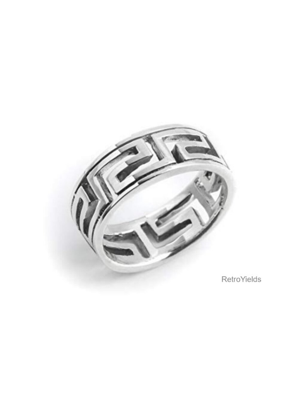 Solid 925 Sterling Silver Greek Key Ring 7mm Band Unisex Wedding Promise